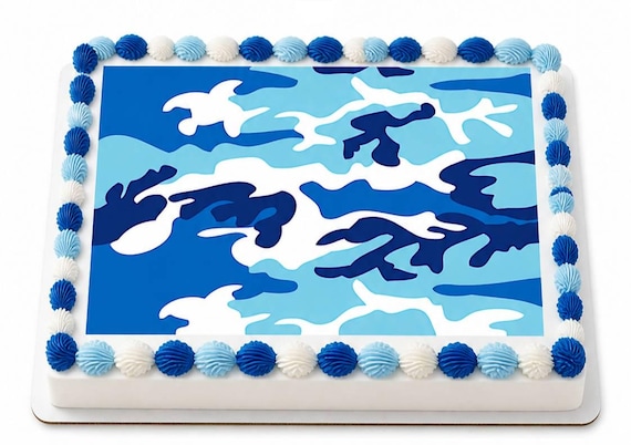 Blue Camouflage Edible Cake Topper, Military Birthday Frosting Sheet Image, Army Party ~ D903