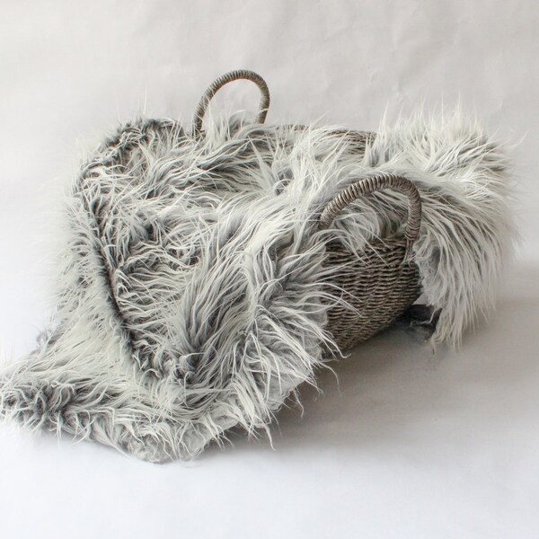 SALE...Frosted Gray and White Faux Fur, Newborn Photo Prop, Mongolian Faux Fur Baby Prop, Ready to Ship, Basket Filler, Layering Blanket.
