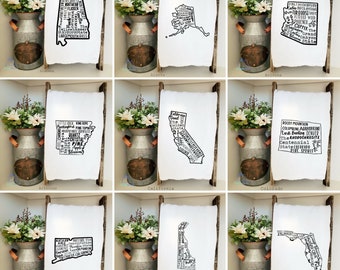 Personalized State Tea Towels/ Handmade Kitchen Towels/ Rustic Chic Decor/ Farmhouse Decor/ Personalized Gifts/ Housewarming Gifts