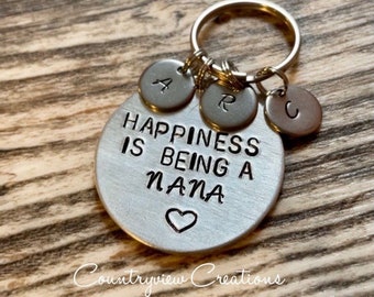 Keychain for her-Happiness is being a Nana-Mother's Day gift-Handstamped Keychain-Valentine's for her-Custom keychain-mom gift-keychain gift