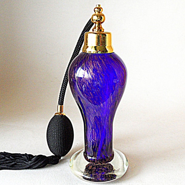 Murano Perfume Bottle in cobalt blue with aventurine gold glass & black puffer - tall, elegant