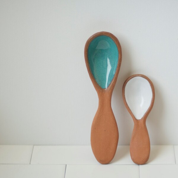 Handmade Serving Spoons - Turquoise & White Ceramic Spoons - Stoneware Spoons - Coffee Scoop