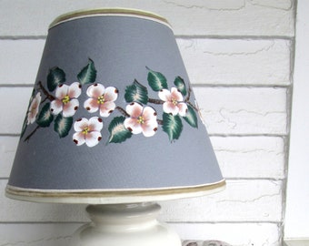 Cut&Pierced paper lampshade: round clip-on, 6X12X9", soft blue/grey with handpainted dogwood flowers.