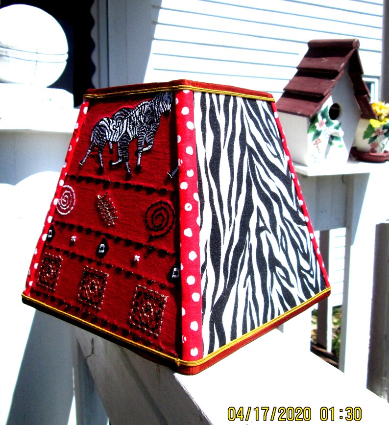 clipon bold zebra stripes Lampshade:small square fabric shade 4X7X7 A wild safari! funky embroidered graphics bright red zebra theme
