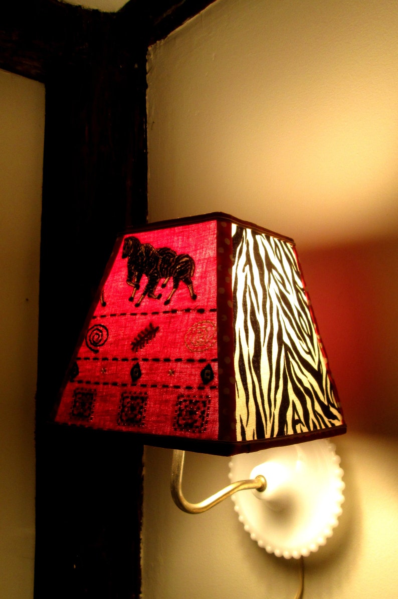 clipon bold zebra stripes Lampshade:small square fabric shade 4X7X7 A wild safari! funky embroidered graphics bright red zebra theme