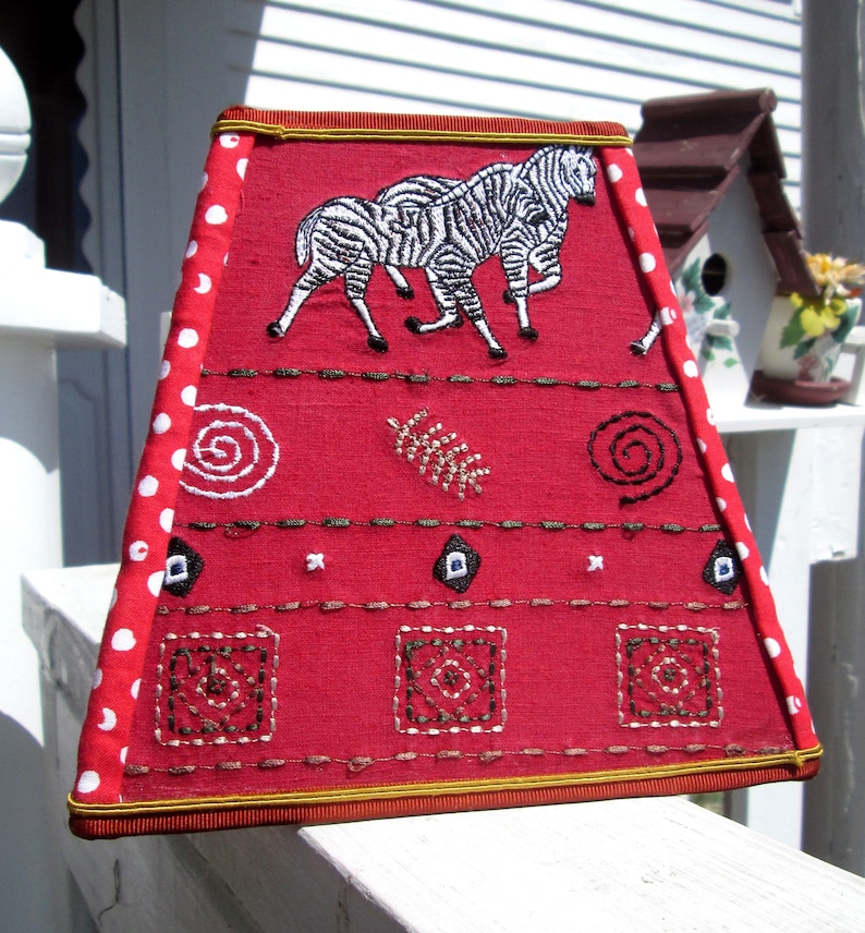 clipon bold zebra stripes Lampshade:small square fabric shade 4X7X7 A wild safari! funky embroidered graphics bright red zebra theme