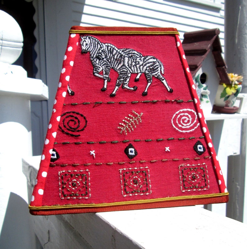 clipon bold zebra stripes Lampshade:small square fabric shade 4X7X7 A wild safari! funky embroidered graphics bright red zebra theme