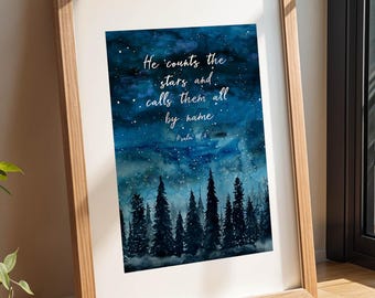 Impresión "Él cuenta las estrellas", Salmo 147, cita religiosa del cielo nocturno, regalos cristianos para hombres, versículo bíblico, regalo de vicario