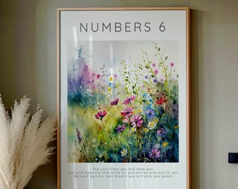 The Lord Bless You and Keep You Wildflower Meadow Wall Art, Floral Bedroom Flower Garden Numbers 6 Print, Modern Christian Gifts for Women