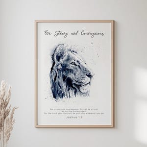 Be Strong And Courageous Wall Art Christian Gift For Men, Modern Scripture Art Christian Shops, Watercolor Bible Verse For Nursery Decor Boy