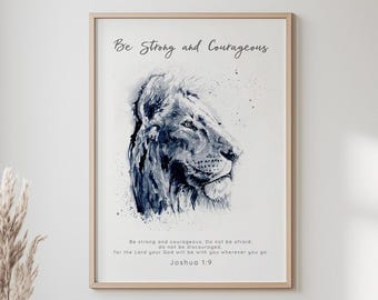 Be Strong And Courageous Wall Art Christian Gift For Men, Modern Scripture Art Christian Shops, Watercolor Bible Verse For Nursery Decor Boy