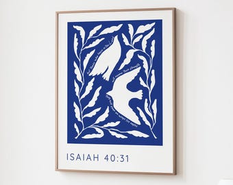 Soar On Wings Like Eagles Print, Isaiah 40 31 Wall Art, Boho Decor Printed Bible Verse, Christian Gifts for Her Blue Bird Bible Verse Poster