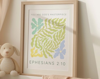 Impresión/impresión "Eres la obra maestra de Dios", Efesios 2:10, arte de pared, póster cristiano moderno, imagen con versículo bíblico en tonos pastel, regalo para mujeres.