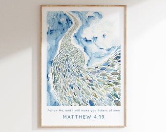 Fishers of Men Scripture Wall Art, Matthew 4 19, Modern Christian Art, Watercolour Bible Verse Abstract Print, Contemporary Faith Poster