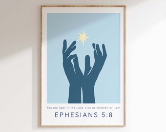 You are Light Bible Verse Poster, Ephesians 5 8 Scripture Print, Modern Christian Bedroom Wall Art, Religious Home Decor, Women Faith Gift