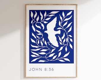 Free Indeed Modern Scripture Wall Art, John 8 36 Blue Christian Print, Boho Biblical Quote Dove Decor, Jesus Quotes Printed Bible Verse Gift