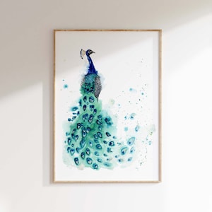Peacock Wall Art, Watercolor Print, Bird Lover Gifts, Teal Decor, Living Room Wall Art Prints, Peacock Poster, Watercolour Art, Bird Artwork