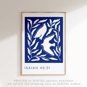 Soar On Wings Like Eagles Print, Isaiah 40 31 Wall Art, Boho Decor Printed Bible Verse, Christian Gifts for Her Blue Bird Bible Verse Poster