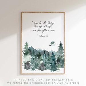 Mountain Bible Verse Picture, Scripture Watercolour Christian Home Decor, Philippians 4 13 Watercolor Print, I Can Do All Things Wall Art