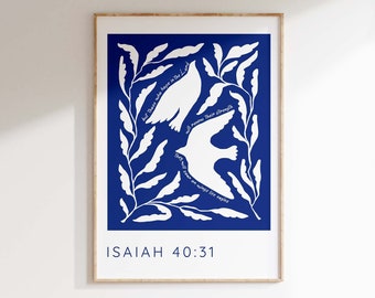 Soar On Wings Like Eagles Print, Isaiah 40 31 Wall Art, Boho Decor Printed Bible Verse, Christian Gifts for Her Blue Bird Bible Verse Poster