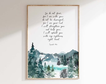 Scripture Wall Art for Boys Bedroom Decor, Isaiah 41 10 Print, Printable Christian Quotes Gift, Watercolor Mountain Print, Bible Verse Print