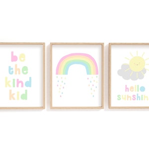 Pastel Rainbow Wall Art for Nursery Print Set of 3 Prints, Rainbow Baby Girl Nursery Decor for Kids, Hello Sunshine Print, Be the Kind Kid