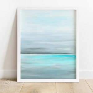 Abstract Seascape Painting Print Ocean Painting Coastal Wall Art Beach Themed Decor Nautical Decor Beach Wall Art Turquoise Coastal Prints; Turquoise and grey serene ocean art, a thoughtful gift for art collectors, ideal for relaxing home decor.