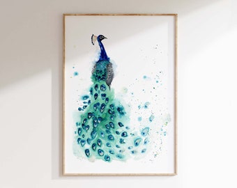 Peacock Wall Art, Watercolor Print, Bird Lover Gifts, Teal Decor, Living Room Wall Art Prints, Peacock Poster, Watercolour Art, Bird Artwork