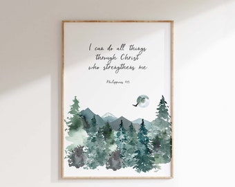 Mountain Bible Verse Picture, Scripture Watercolour Christian Home Decor, Philippians 4 13 Watercolor Print, I Can Do All Things Wall Art