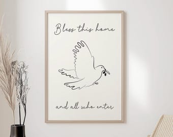 Bless This Home Print, Modern Christian Hallway Prints, Dove Welcome Entryway Decor, Christian Line Art, Scripture Wall Art For Kitchen Gift