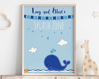 Bathroom Prints for Kids, Kids Bathroom Art, Childrens Bathroom Wall Art, Whale Nursery Decor, Personalised Kids Gift, Custom Print for Boys