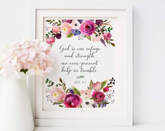 Psalm 46 1 Wall Art, God is Our Refuge Print, Bedroom Wall Decor, Encouragement Gift Idea, Christian Gifts, Scripture Art, Bible Verse Quote