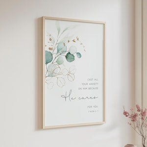 Cast All Your Anxiety On Him Botanical Print, 1 Peter 5 7 Watercolor Bible Verse Wall Art, Christian Letterbox Gift, Scripture Wall Decor