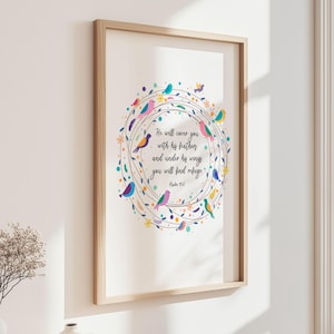 Christian Wall Art, Bible Verse Print, Bird Nursery Decor, Christian Gifts, Psalm 91 4, Biblical Quotes, Girl Nursery Bible Quote, Prints