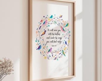 Christian Wall Art, Bible Verse Print, Bird Nursery Decor, Christian Gifts, Psalm 91 4, Biblical Quotes, Girl Nursery Bible Quote, Prints