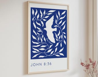 Free Indeed Modern Scripture Wall Art, John 8 36 Blue Christian Print, Boho Biblical Quote Dove Decor, Jesus Quotes Printed Bible Verse Gift