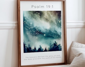 I cieli dichiarano stampabile, Salmo 19 1 versetto della Bibbia arte murale, moderno cielo notturno Scrittura digitale download stampa regalo fede negozi cristiani