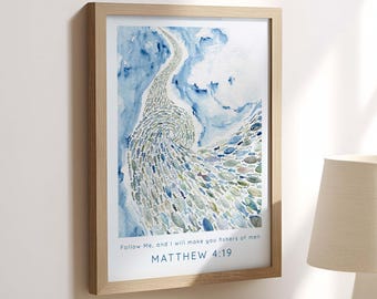 Fishers of Men Bible Verse Printable, Digital Download Matthew 4:19 Scripture Print, Modern Watercolour Christian Faith Gift Bathroom Idea