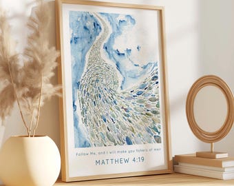 Fishers of Men Scripture Wall Art, Matthew 4 19, Modern Christian Art, Watercolour Bible Verse Abstract Print, Contemporary Faith Poster