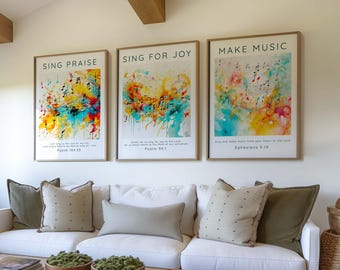 Music Bible Verse Wall Art Set of 3 Prints Triptych, Christian Gifts for Music Lover, Faith Poster Set Scripture Living Room Home Decor Gift
