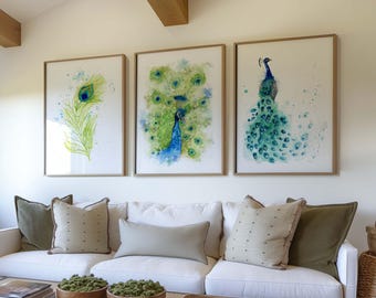 Juego de 3 impresiones artísticas de pavo real, arte de pared abstracto extragrande, decoración de sala de estar con estética verde azulado, impresión de pintura de acuarela de aves para regalo