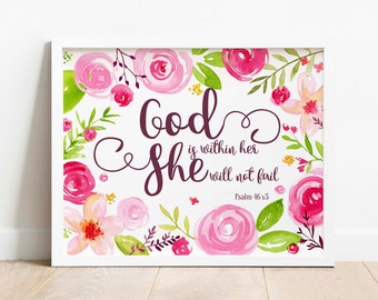 Christian Wall Art, Nursery Decor Girl, Bible Verse Print, Biblical Quotes, Christian Gifts, Psalm 46 5, God Is Within Her, Girls Prints bff