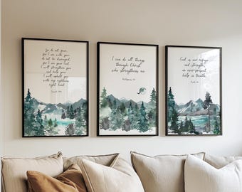 Juego de 3 impresiones de las Escrituras, arte de pared para dormitorio de niño, póster de montañas en acuarela para hombre, versículo bíblico de montaña imprimible, decoración de habitación de niño