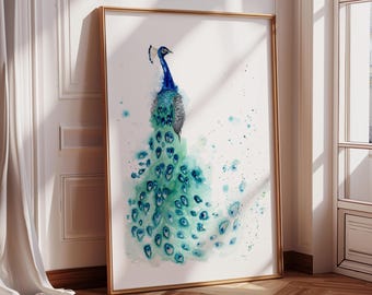 Peacock Wall Art, Watercolor Print, Bird Lover Gifts, Teal Decor, Living Room Wall Art Prints, Peacock Poster, Watercolour Art, Bird Artwork