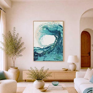 May include: A rectangular wall art piece featuring an abstract painting of a large ocean wave in shades of teal, turquoise, and deep blue. The artwork is displayed in a thin, light-colored wooden frame, showcasing swirling water patterns.