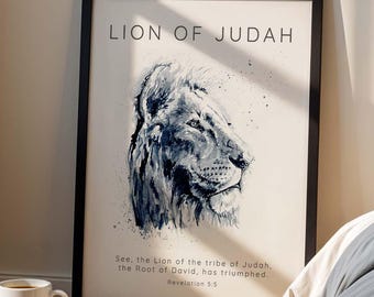 Lion of Judah Print, Modern Christian Watercolor Art, Black and White Bible Verse Print, Monochrome Scripture Quote Decor Gift Idea for Men