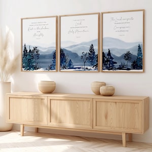 Mountain Bible Verse Print Set of 3 Piece Decor Modern Scripture Triptych Art Prints, Psalms Wall Art Blue Forest Mountains Christian Poster