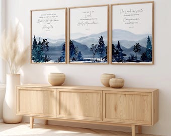Mountain Bible Verse Print Set of 3 Piece Decor Modern Scripture Triptych Art Prints, Psalms Wall Art Blue Forest Mountains Christian Poster