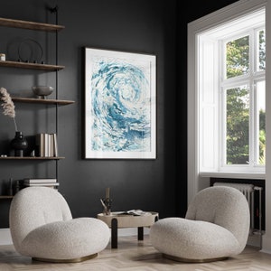 Blue ocean wave artwork, a striking statement for a home office, perfect for gifting surfers and water sports enthusiasts. Coastal wave art in shades of blue, an excellent retirement gift, great for displaying in beach house interiors.