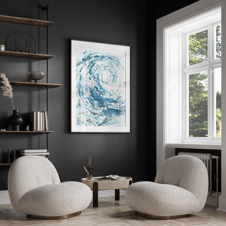 Blue ocean wave artwork, a striking statement for a home office, perfect for gifting surfers and water sports enthusiasts. Coastal wave art in shades of blue, an excellent retirement gift, great for displaying in beach house interiors.